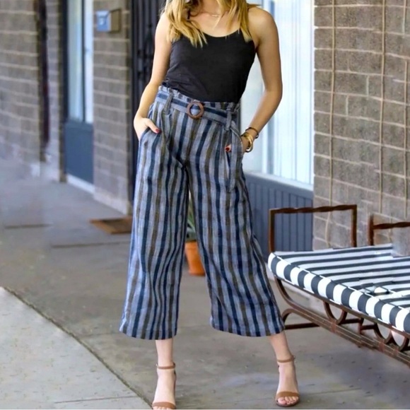 Angie Pants - ANGIE Pants Womens Blue Stripe Wide Leg Cropped Belted Elastic Waist Boho Slacks